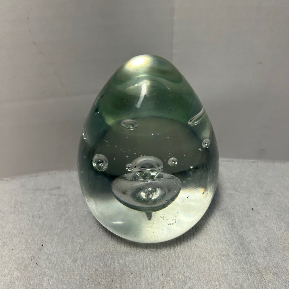 Vintage Hand Blown Glass Egg Paperweight Clear Controlled Bubble Art Glass